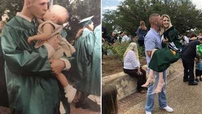 DAD & DAUGHTER RECREATE HIGH SCHOOL GRAD PHOTO 18 YEARS LATER – PEOPLE LOOK CLOSER AND SPOT ONE DETAIL THEY CAN’T LET GO
