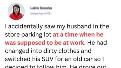 Lady learns her husband switches from SUV to old cheap car daily and leaves town