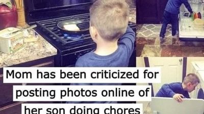Mom received criticism for posting pictures of her kid performing housework, such as cleaning and cooking, online.